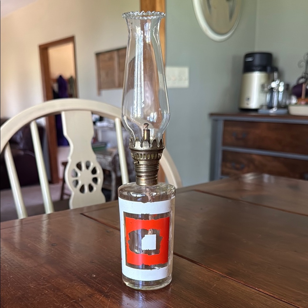 Vintage Glass Oil Lamp with Red and White Square Accents